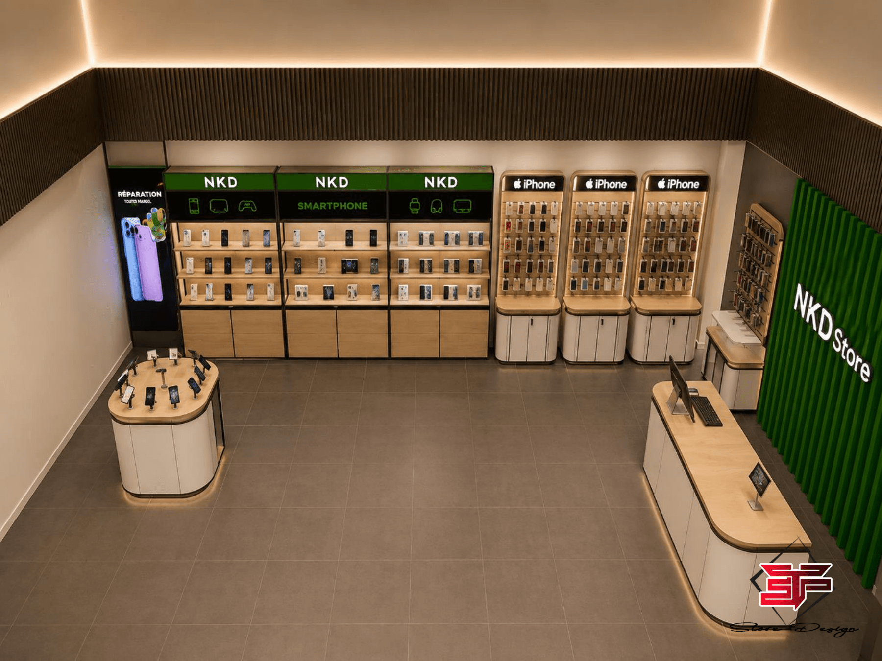 Comptoir et murs de smartphones dans une boutique NKD TECH