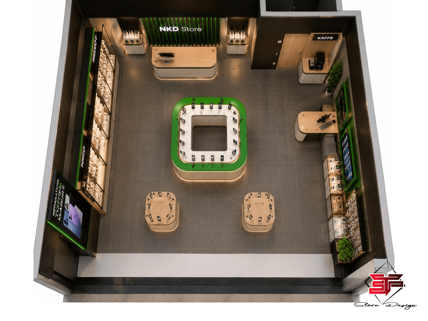 Plan de boutique NKD TECH, îlot central et murs de téléphones